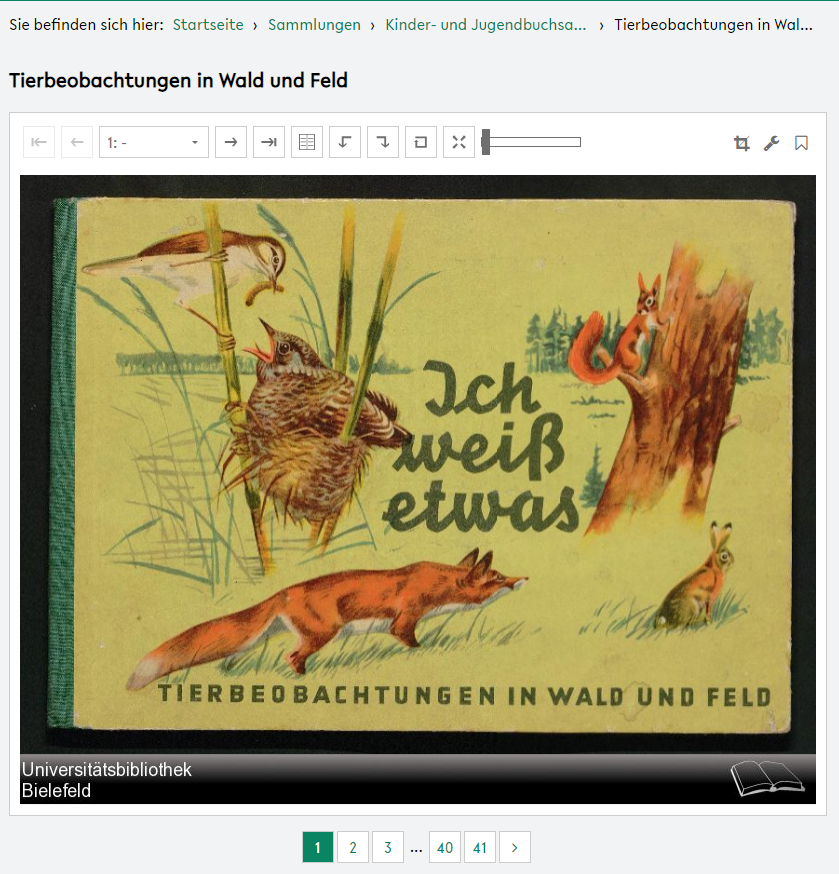Screenshot der Titelseite des digitalisierten Buches "Tierbeobachtungen in Wald und Feld" aus der Kinder- und Jugendbuchsammlung Aiga Klotz an der UB Bielefeld (https://ds.ub.uni-bielefeld.de/viewer/!image/2783349/1/-/)